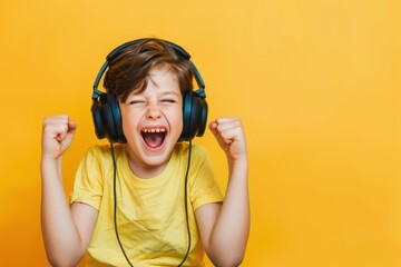 Happy child boy in headphone streamer playing video game with winner expression solid color background - obrazy, fototapety, plakaty