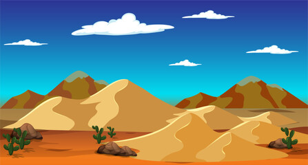 Vector illustration. Dry arid landscape. sandy and desert background.  Orange sky. Cartoon wallpaper. Summer season. Trees and sand mountains. Design for website, poster, banner, template