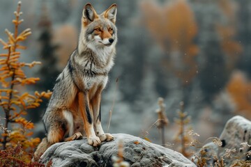 Fototapeta premium Red fox perched on a rock in autumn forest