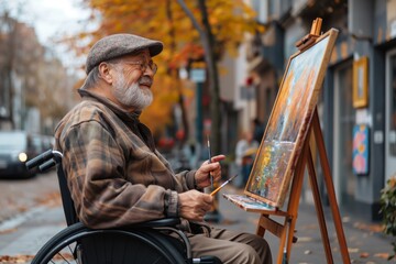 Elderly happy man in a wheelchair draws a picture on an easel on the autumn street. Disabled person without the ability to move independently. Concept inclusivity, healthcare, art therapy.