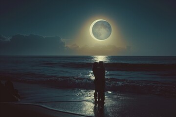Solar eclipse against the backdrop of the sea coast, where a couple stands on the beach, hugging and watching it. Solar Eclipse 2024, April 8