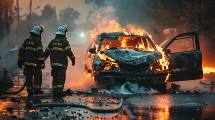 Bomberos en acción junto a un coche en llamas - obrazy, fototapety, plakaty
