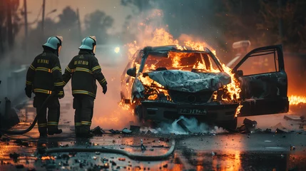 Foto op Aluminium Bomberos en acción junto a un coche en llamas © VicPhoto