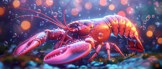 Neon 3D lobster dinner - obrazy, fototapety, plakaty