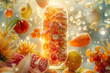 Illustration of an oversized supplement capsule bursting with sun energy, surrounded by an aura of light, with shimmering fruits and vegetables scattered behind