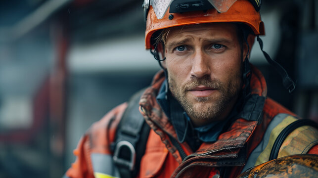 Retrato de una bombero con casco y uniforme