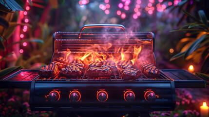 3D neon BBQ grill scene meats sizzling