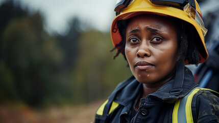 Retrato de una mujer bomber con casco y uniforme - obrazy, fototapety, plakaty
