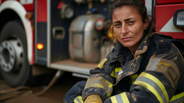 Retrato de una mujer bombero junto a un camión de bomberos
