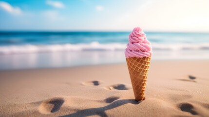 Close up of a pink Ice Cream Cone at the Beach. Beautiful Summer Vacation Background