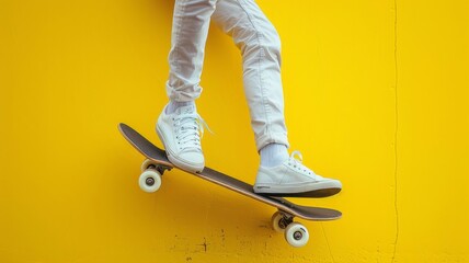 Fototapeta na wymiar High contrast pop art-inspired shot of leg with skateboard on monochrome yellow