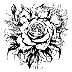 Beautiful monochrome, black and white bouquet of isolated flowers. for greeting cards and invitations for weddings, birthdays, Valentine's Day, Mother's Day and other seasonal holiday illustrations