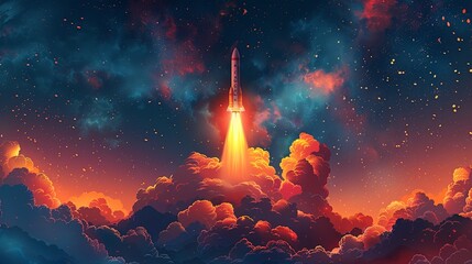 Stylized illustration of a rocketships powerful takeoff, engulfed in flames and smoke, as it ascends toward the stars - obrazy, fototapety, plakaty