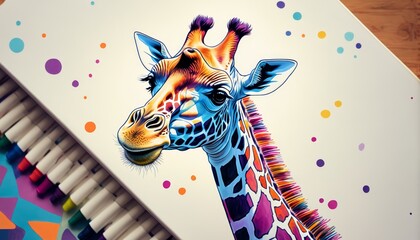   A giraffe's face in close-up, depicted on paper with colored pencils nearby - obrazy, fototapety, plakaty