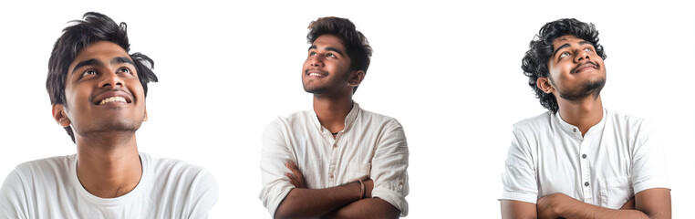 Happy joyful smiling young indian man looking aside up thinking of new good opportunities, dreaming, feeling inspired