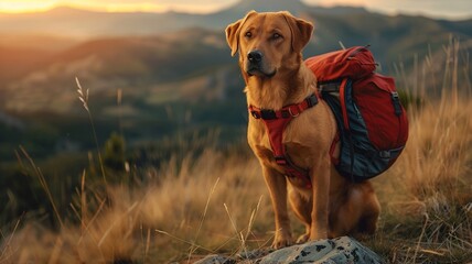 Adventurous dog with red pack on mountaintop, panoramic vista - obrazy, fototapety, plakaty