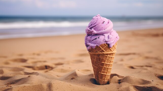 Close up of a purple Ice Cream Cone at the Beach. Beautiful Summer Vacation Background