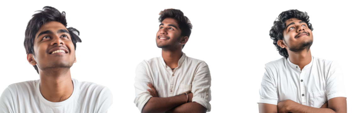 Happy joyful smiling young indian man looking aside up thinking of new good opportunities, dreaming, feeling inspired