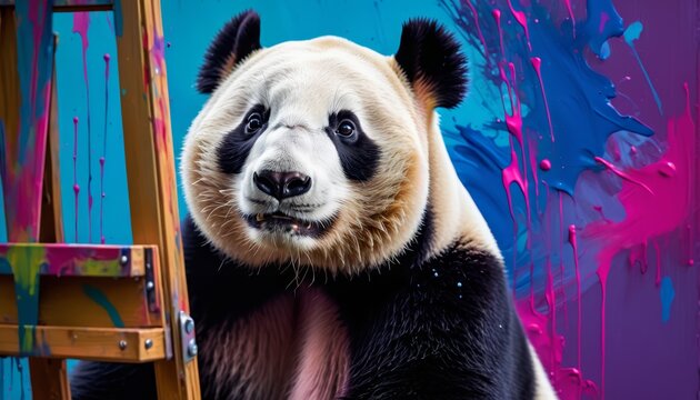   A panda seated atop a wooden ladder, adjacent to a blue-pink wall adorned with paint splatters