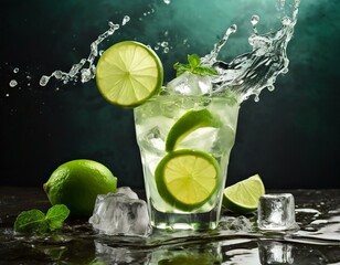Cocktail splash with ice cubes and lime - obrazy, fototapety, plakaty