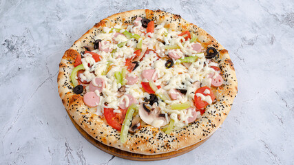Mixed pizza top view isolated