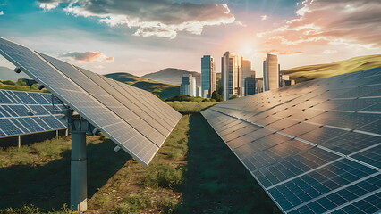 Solar power plant at sunset under the blue sky and skyscrapers in the background. Eco-friendly concept. - obrazy, fototapety, plakaty