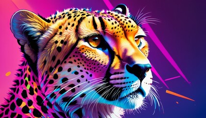   A cheetah's face in tight focus against a deep purple backdrop, accented by overlapping pink and blue hues
