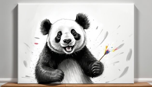   A panda bear, in monochrome tones, holds a paintbrush with painted paws Behind it, a wall sports a fresh splash of color