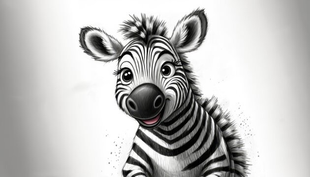   A zebra's facial image features black and white stripes continuing onto its body, accompanied by a distinct black nose