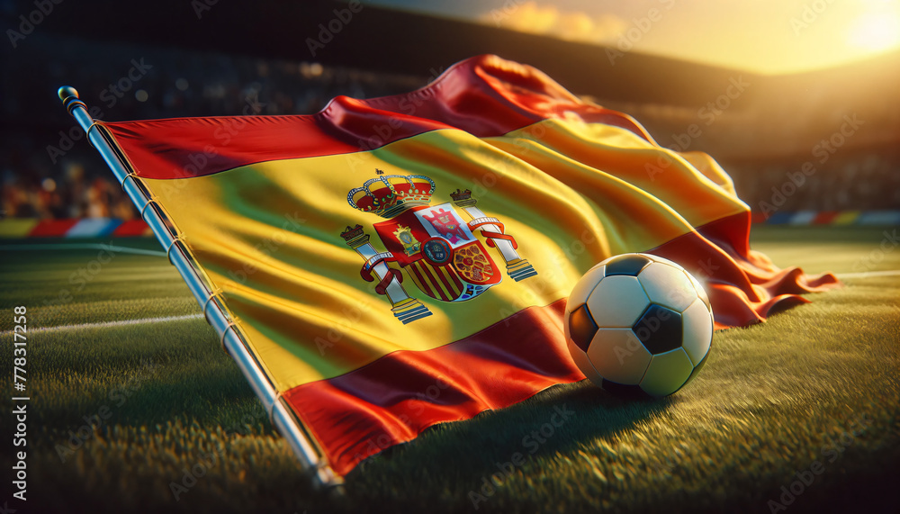 Wall mural soccer ball with spain flag on a football field, generative ai