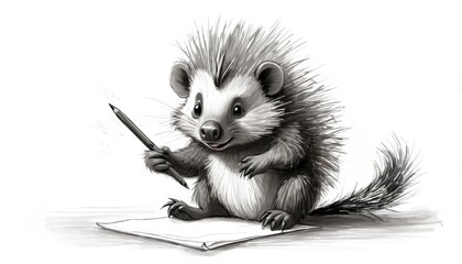   A porcupine drawing itself with a pencil, holding a paper and a pen in its paws