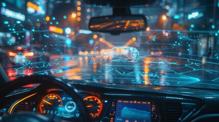 A view of the city streets from inside a high-tech car with a hologram presented on the car's glass.