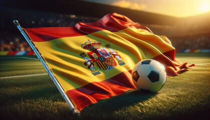 Soccer ball with Spain flag on a football field, Generative ai