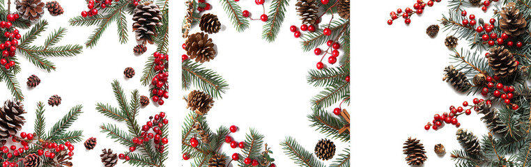 Fototapeta na wymiar Christmas Border frame of tree branches red berries and pine cones