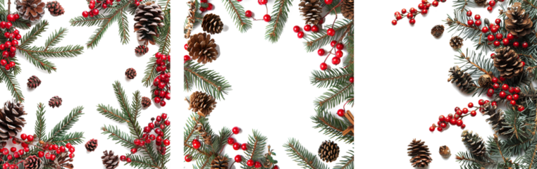 Christmas Border frame of tree branches red berries and pine cones