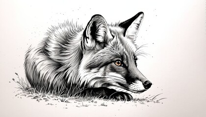   A black-and-white drawing of a fox in the grass, head turned sideways, eyes open - obrazy, fototapety, plakaty