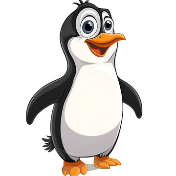 A cartoon penguin is smiling and holding an orange beak. The penguin is standing on two orange feet. Generative AI