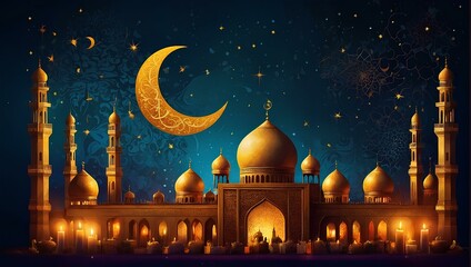 Eid mubarak with mosque upon moon on turquoise background, happy holiday written in Arabic words.