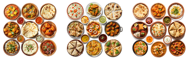 Fototapeta na wymiar Desi, Indian traditional food set, top view. pizza, hummus, biryani, chicken curry, momos, tikka, korma, samosas.