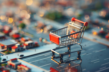 Empty red shopping cart in a supermarket - obrazy, fototapety, plakaty