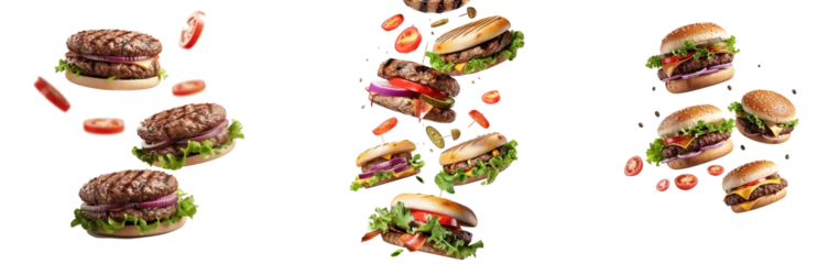 Foto auf Acrylglas Grill burger, realistic 3d burgers falling in the air, grilled meat collection, ultra realistic, icon, falling © Zaleman
