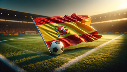 Soccer ball with Spain flag on a football field, Generative ai