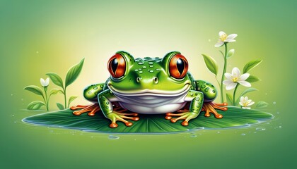   A green frog sits atop a leaf overhanging a serene pond The water is dotted with lily pads, and white flowers bloom in the background