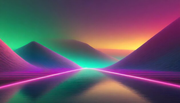 Background of abstract landscape with iridescent colors of yellow, pink, green, orange. Wallpaper for screen savers of TV, monitor, PC. Banner header image.