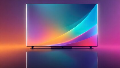 Flat screen LED television on a background with abstract shapes and iridescent colors with yellow, pink, green, orange.