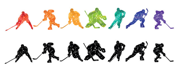 Men colorful silhouettes of hockey players. Hockey vector illustration. - obrazy, fototapety, plakaty
