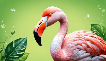   A pink flamingo before a green backdrop, adorned with leaves and water droplets on its head