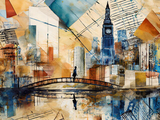 Abstract watercolor collage on the urban theme