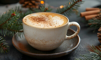 Obraz na płótnie Canvas A cup of fresh fragrant cappuccino on a table at the coffee surrounded by Beans against nice coffee for winter season with fresh fir or pine branches of the Christmas Good morning or Have a nice day.