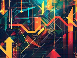 Vibrant Abstract Infographic Visualizing the Interconnected Digital Economy with Dynamic Shapes Arrows and Data Elements